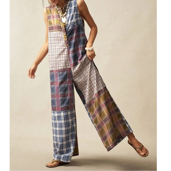 Pants - Plus Plaid Print Half Button Sleeveless Wide leg Jumper Jumpsuit